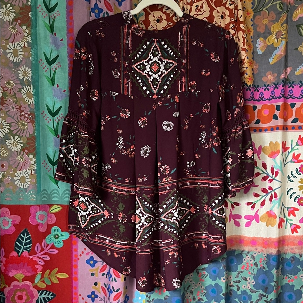 KNOX ROSE Burgundy Floral Boho Tunic Polyester Blouse Size XS - Picture 5 of 8